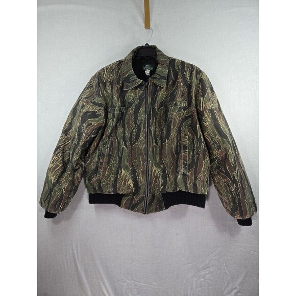 VTG Bass Pro Shops Outdoors Vertical Tiger Stripe Camo Hunting Coat Jacket Large - Picture 1 of 12